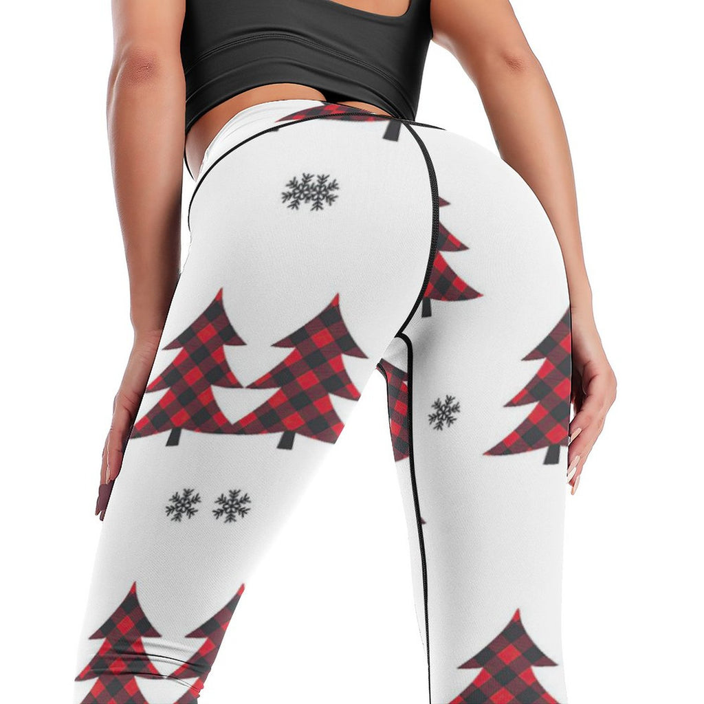 NenntBriy - Yoga Pants for Women Red Plaid Christmas Trees - Customized with photo&text