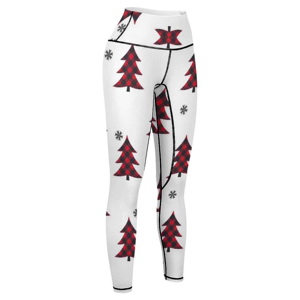 NenntBriy - Yoga Pants for Women Red Plaid Christmas Trees - Customized with photo&text