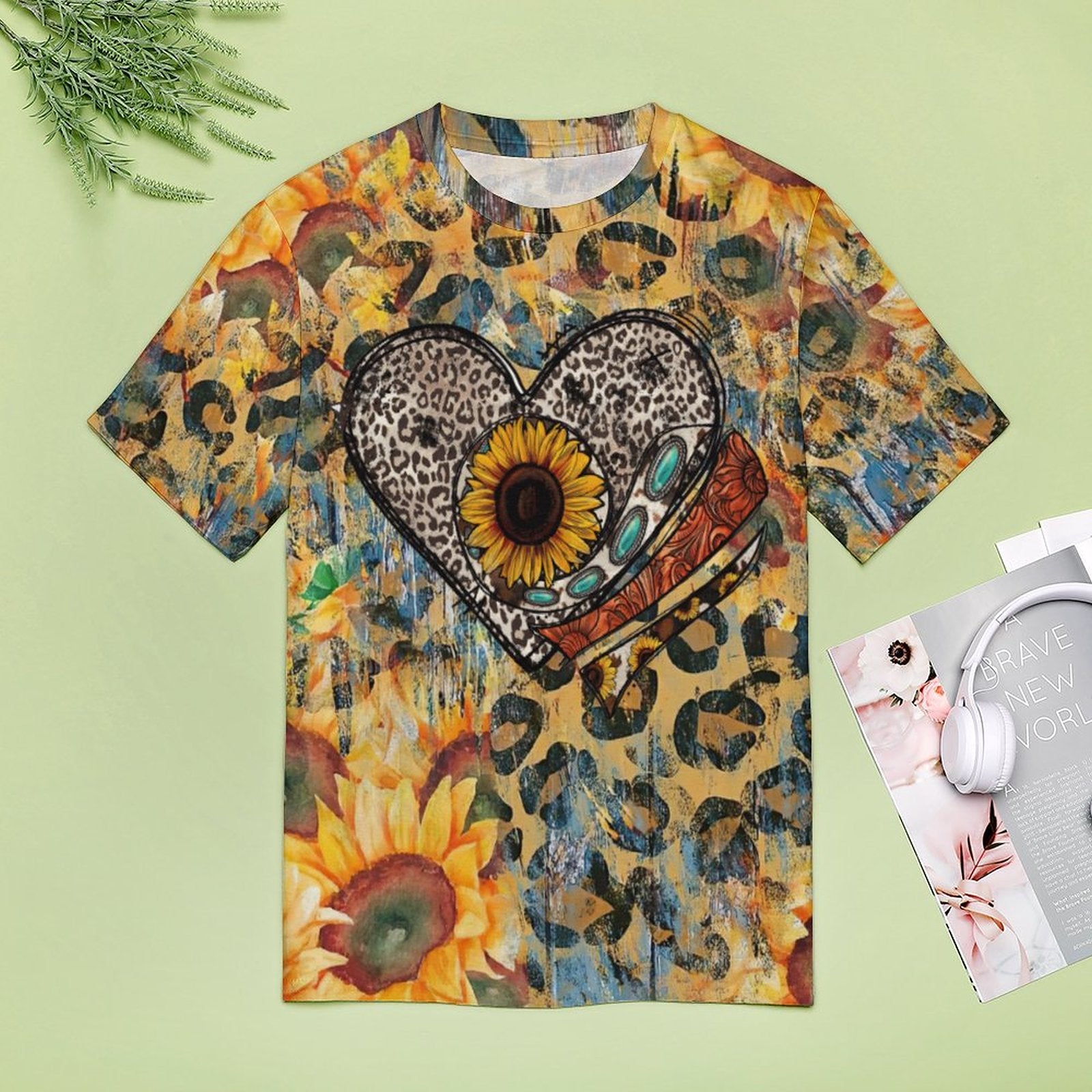 NenntBriy - Full Print T-shirt Leopard Print Sunflower Green Gem Sunflower Leopard  - Customized with photo&text