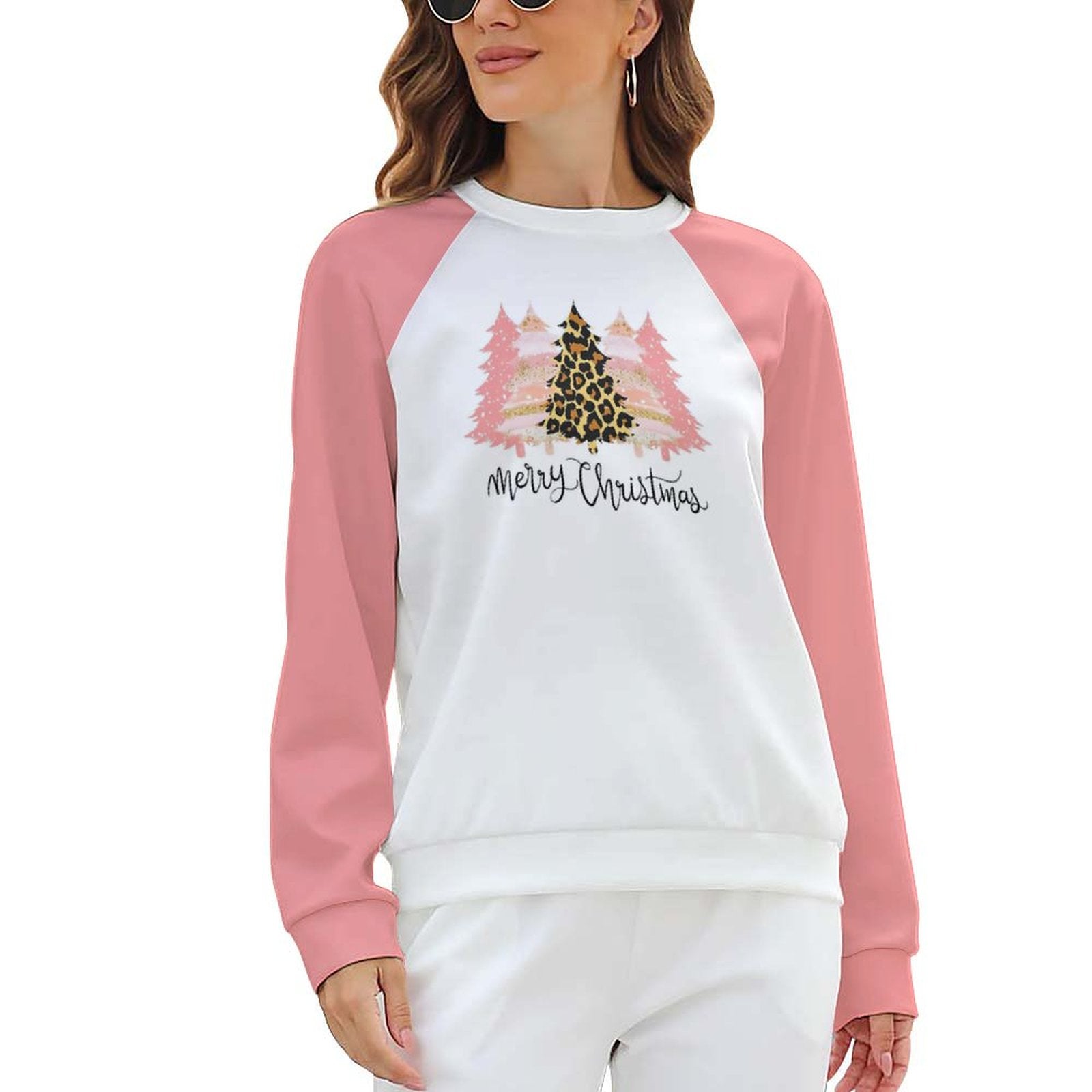 NenntBriy - Raglan Round Neck Sweater Merry Christmas Pink Trees - Customized with photo&text