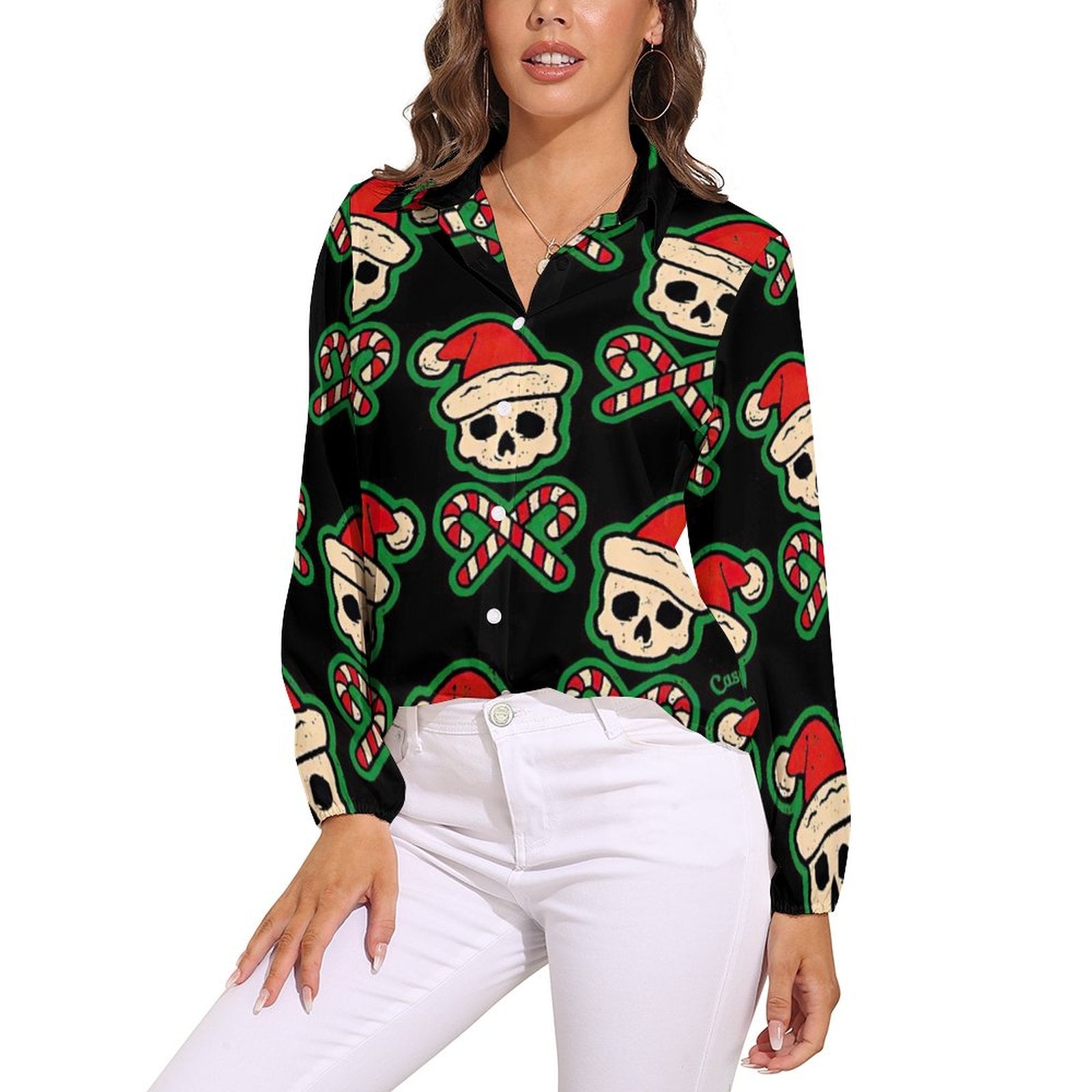NenntBriy - Vntage Casual Long Sleeve Shirt Tops Chrinstmas Skulls - Customized with photo&text