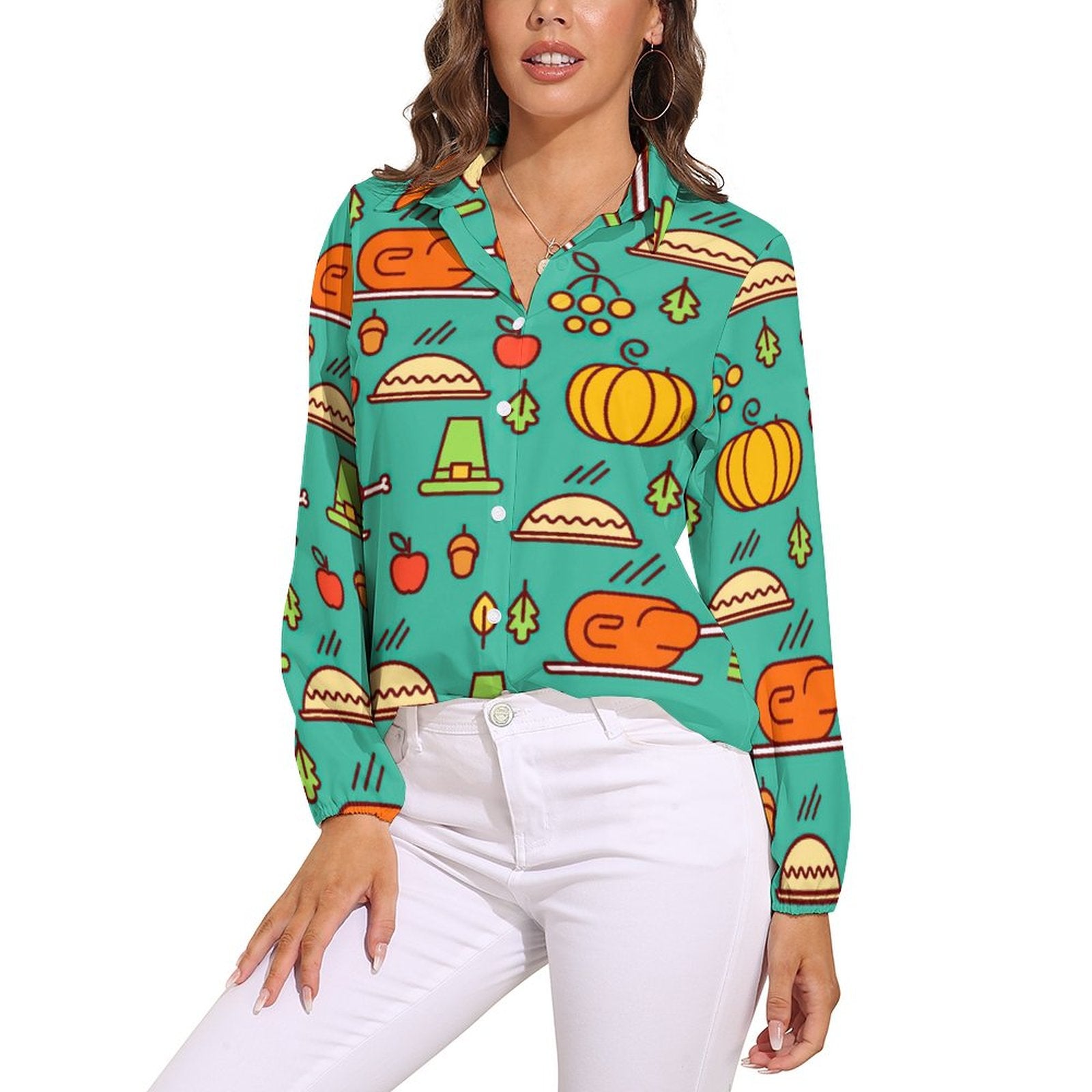 NenntBriy - Vntage Casual Long Sleeve Shirt Tops Thanksgiving Turkey  - Customized with photo&text