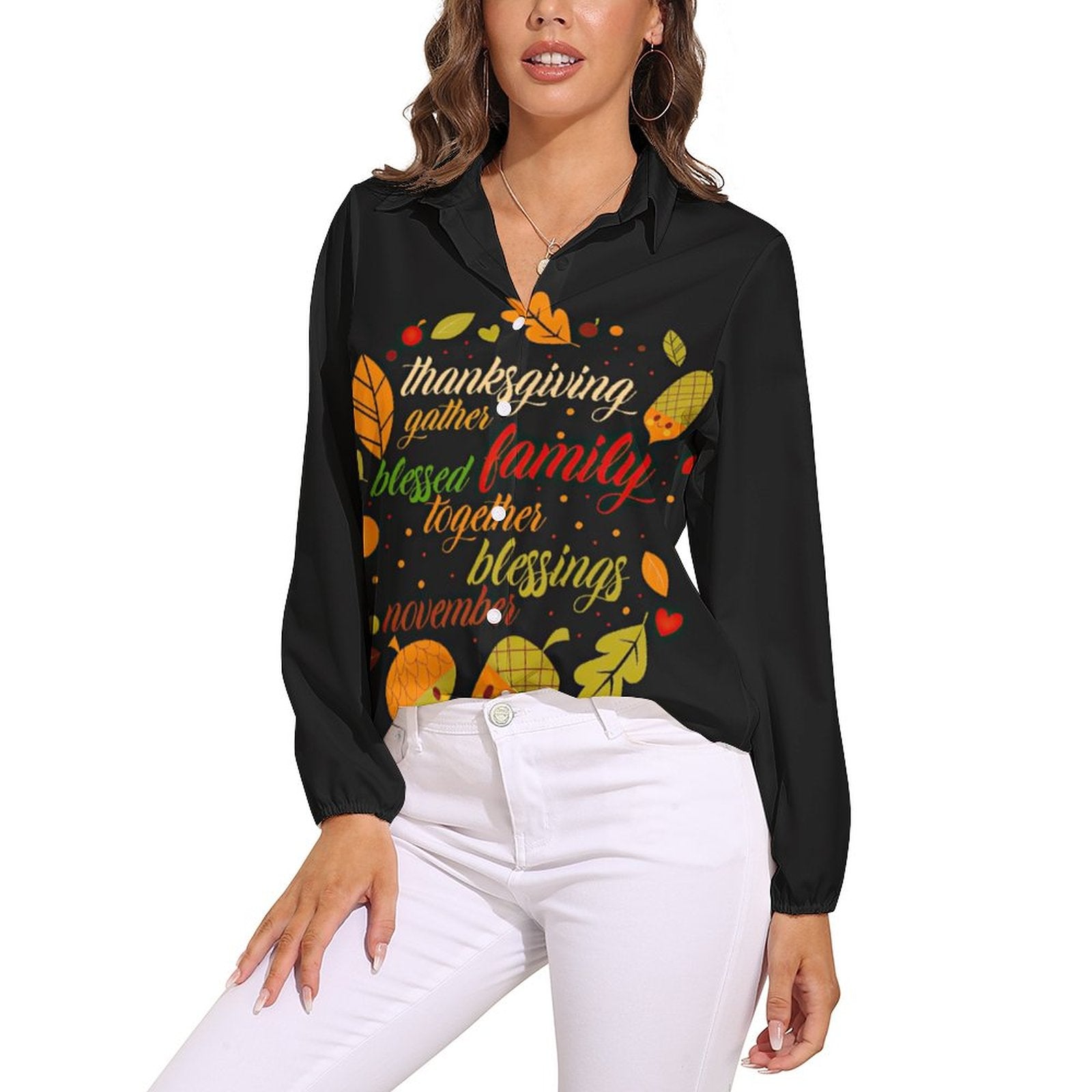 NenntBriy - Vntage Casual Long Sleeve Shirt Tops Thanksgiving Gather Family Blessed Together Blessing November