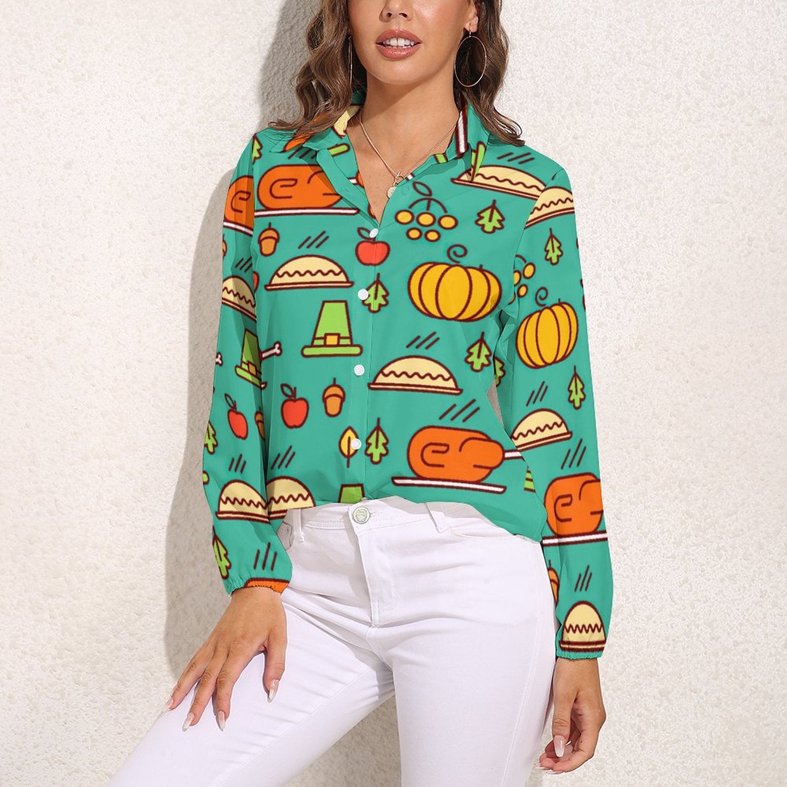 NenntBriy - Vntage Casual Long Sleeve Shirt Tops Thanksgiving Turkey  - Customized with photo&text