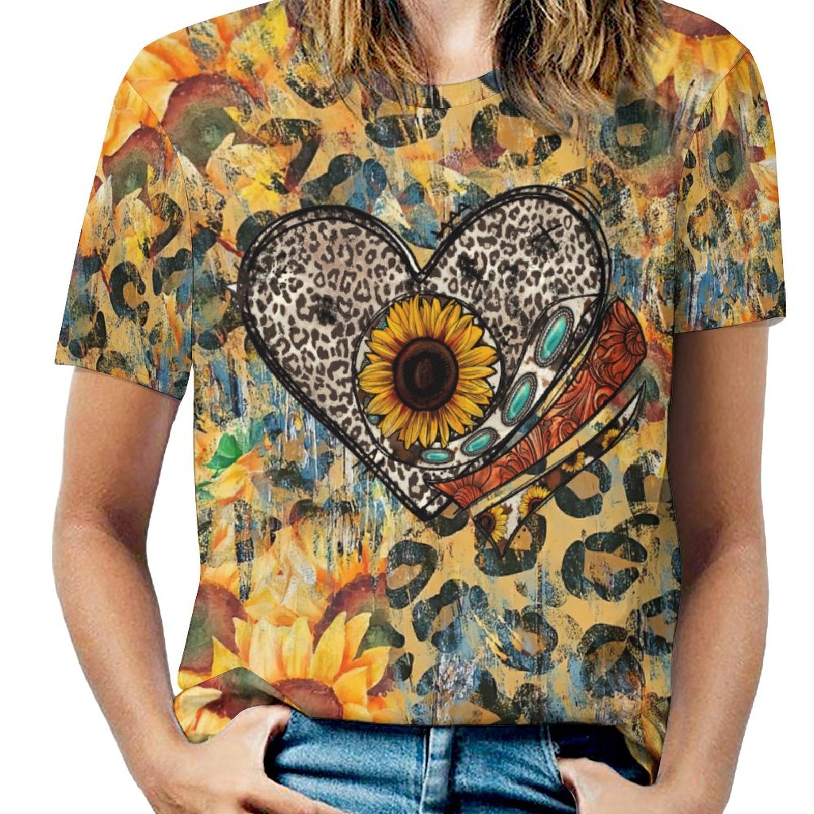 NenntBriy - Full Print T-shirt Leopard Print Sunflower Green Gem Sunflower Leopard  - Customized with photo&text