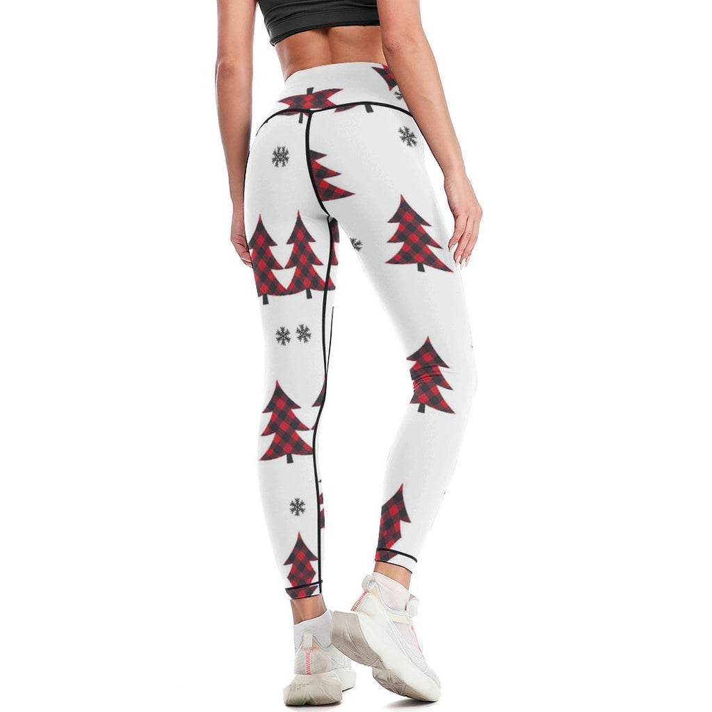 NenntBriy - Yoga Pants for Women Red Plaid Christmas Trees - Customized with photo&text