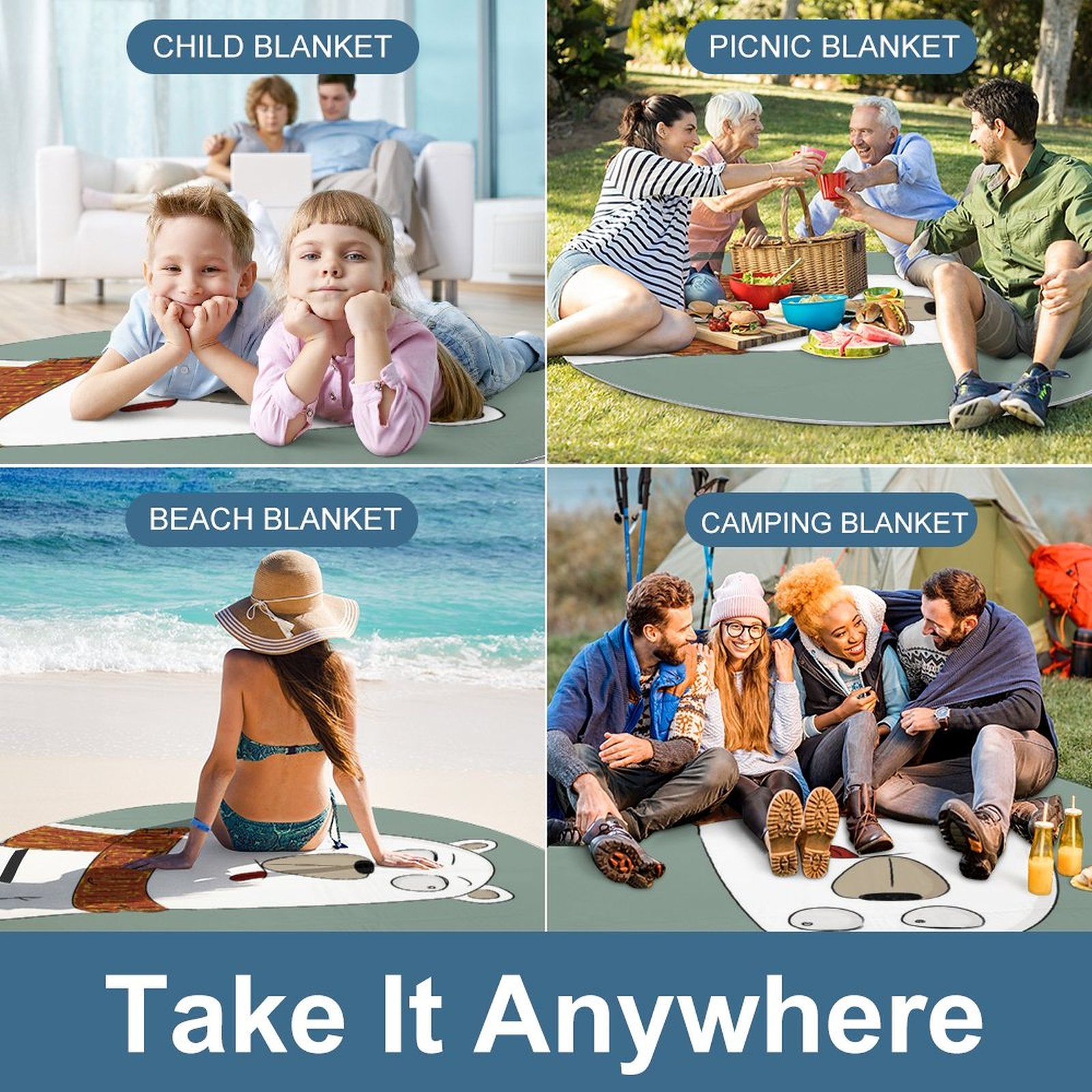 NenntBriy - Round Outdoor Picnic Mat Squint Bear - Customized with photo&text