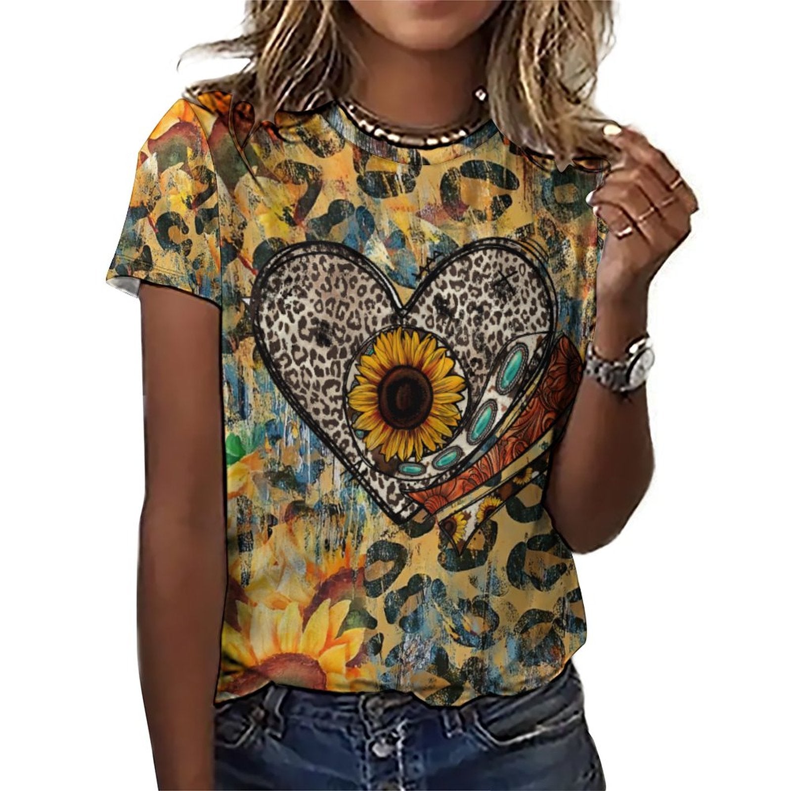 NenntBriy - Full Print T-shirt Leopard Print Sunflower Green Gem Sunflower Leopard  - Customized with photo&text