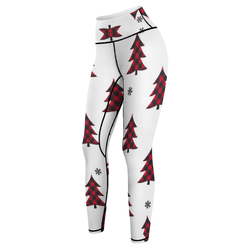 NenntBriy - Yoga Pants for Women Red Plaid Christmas Trees - Customized with photo&text