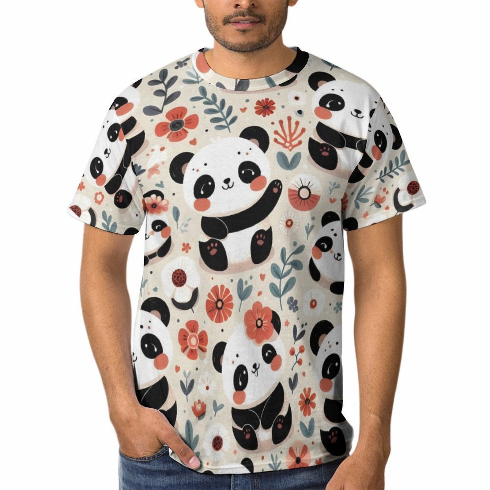 NenntBriy - Men's Short Sleeve T-Shirt Panda, Red - Customized with photo&text