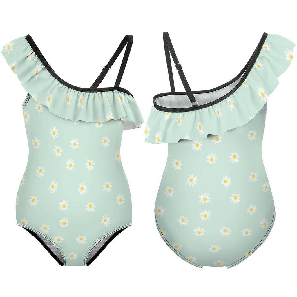 NenntBriy - Floundered One-piece Swimsuit for Girls White Daisy Decorative Pattern - Customized with photo&text