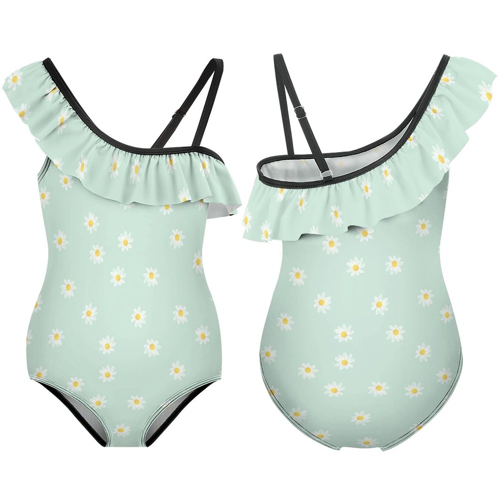 NenntBriy - Floundered One-piece Swimsuit for Girls White Daisy Decorative Pattern - Customized with photo&text