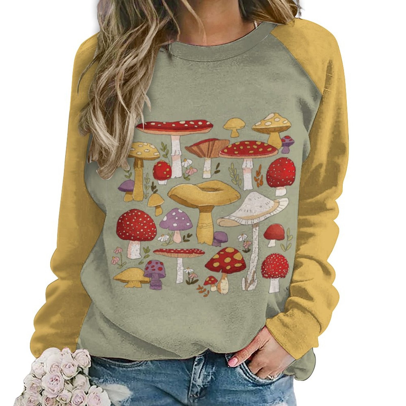 NenntBriy - Raglan Round Neck Sweater Retro Mushroom - Customized with photo&text