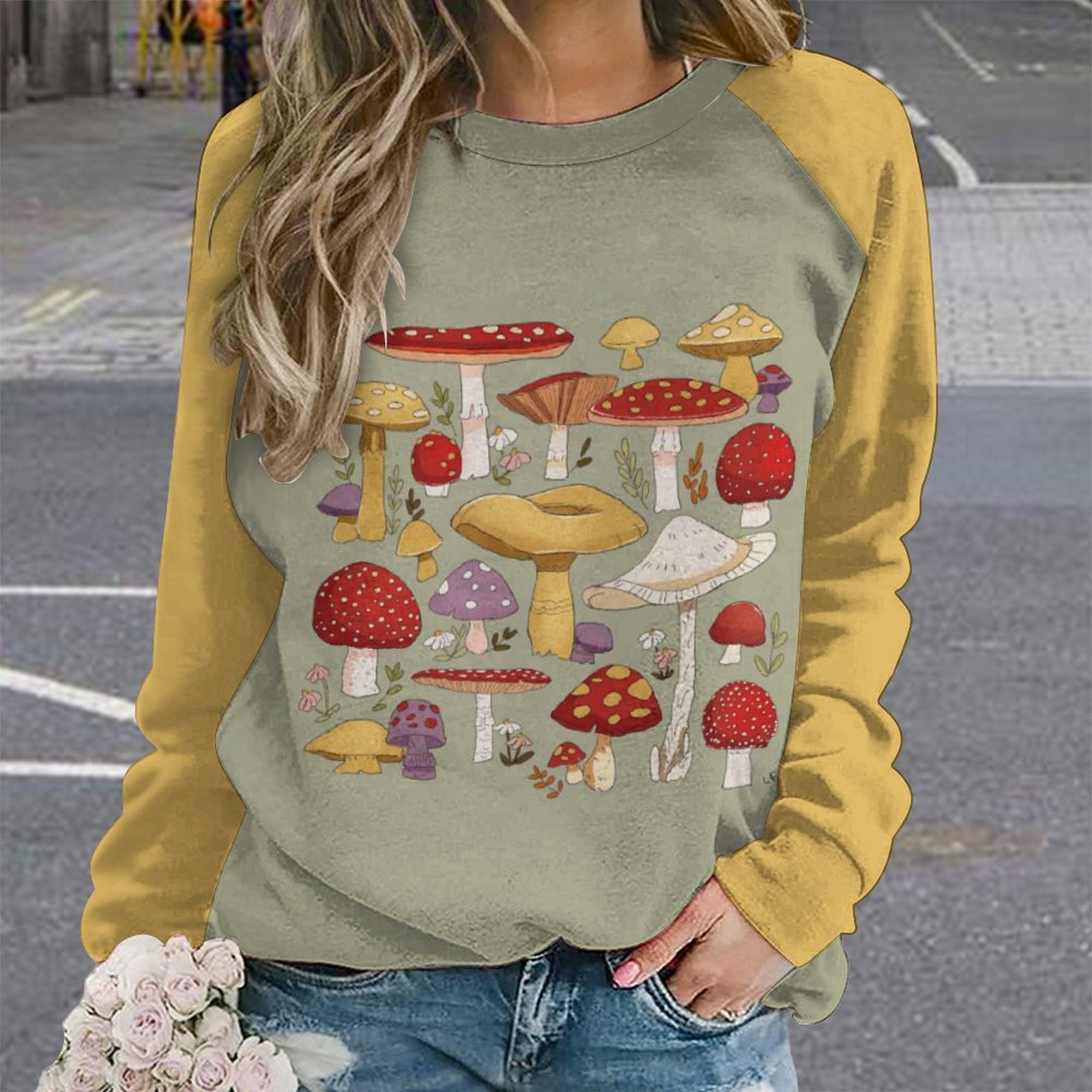 NenntBriy - Raglan Round Neck Sweater Retro Mushroom - Customized with photo&text