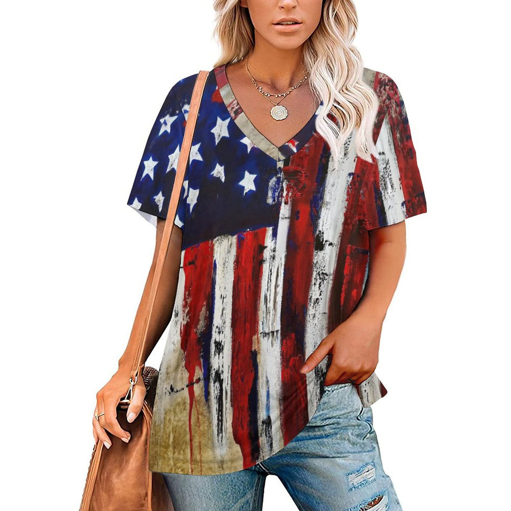 NenntBriy - V Neck Short-sleeve Women Shirt Printed The American Flag - Customized with photo&text
