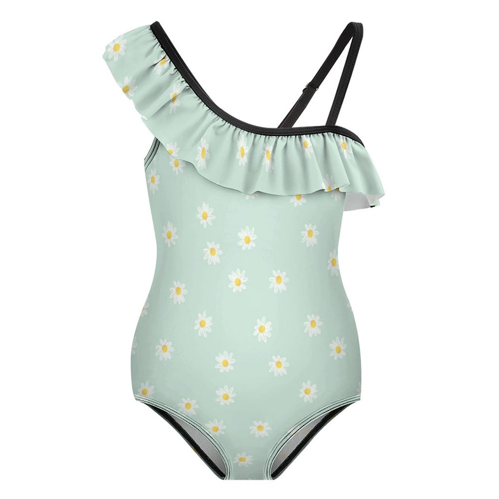 NenntBriy - Floundered One-piece Swimsuit for Girls White Daisy Decorative Pattern - Customized with photo&text