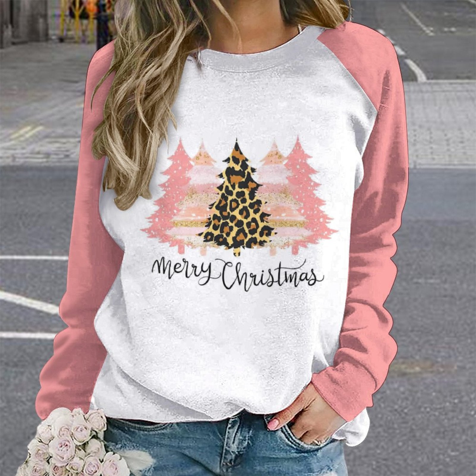 NenntBriy - Raglan Round Neck Sweater Merry Christmas Pink Trees - Customized with photo&text