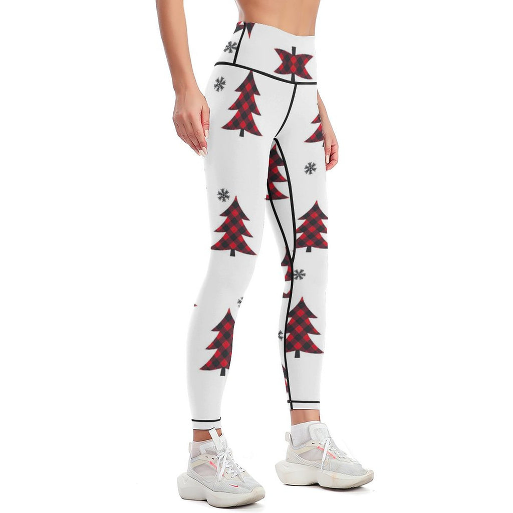NenntBriy - Yoga Pants for Women Red Plaid Christmas Trees - Customized with photo&text
